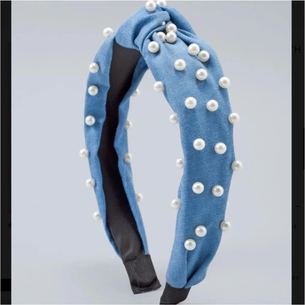 White House Black Market WHBM Denim & Pearl Knot Headband - Picture 1 of 7